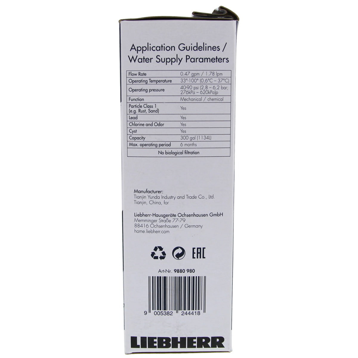 7440000 / 7440002 / 7440011 Liebherr Refrigerator Water Filter